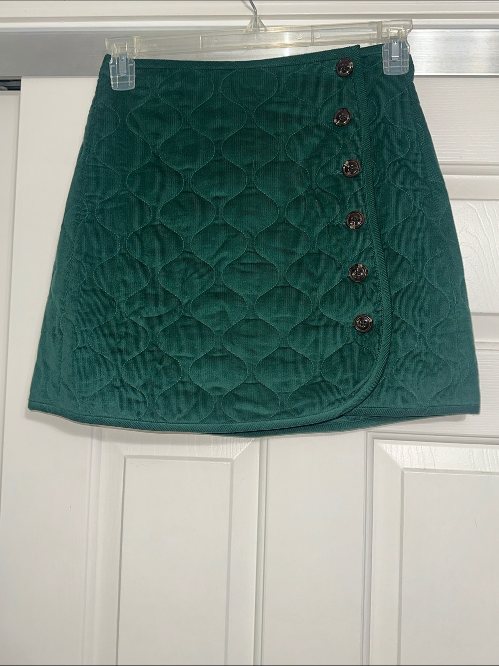 Copper Key Quilted Emerald Green Mini Skirt with Side Buttons
